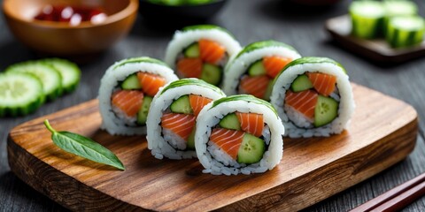 Sushi Maki Rolls with Fresh Cucumber and Salmon on a Wooden Board Surrounded by Ingredients Perfect for Culinary Promotions and Menus