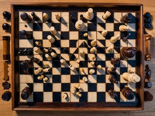 This image is a flat view of a chess game board. Generative AI.