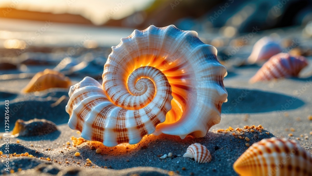 Poster spiral seashell on sandy beach with soft sunlight and ample copy space for text and design elements
