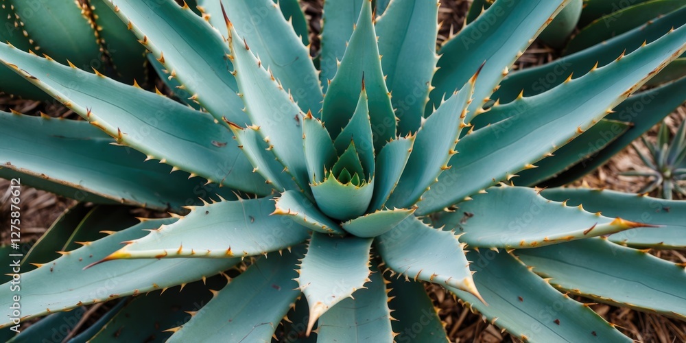 Poster top view of sharp-edged agave plant leaves creating a striking pattern with ample empty space for te