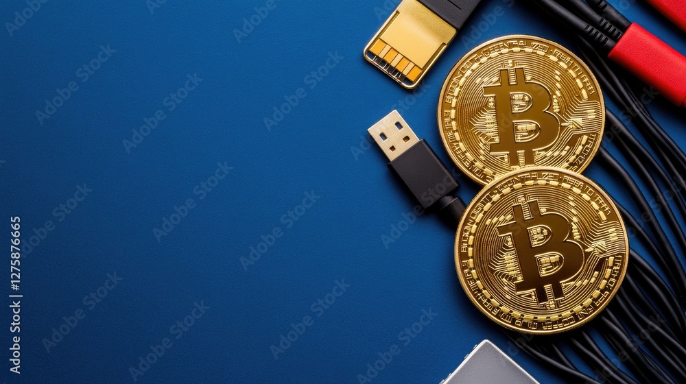 Poster bitcoin tokens with usb and memory card connectors showcase digital currency growth in technology er