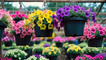 Colorful petunia flowers hanging in pots creating a vibrant nursery garden atmosphere with ample space for creative text or advertising.