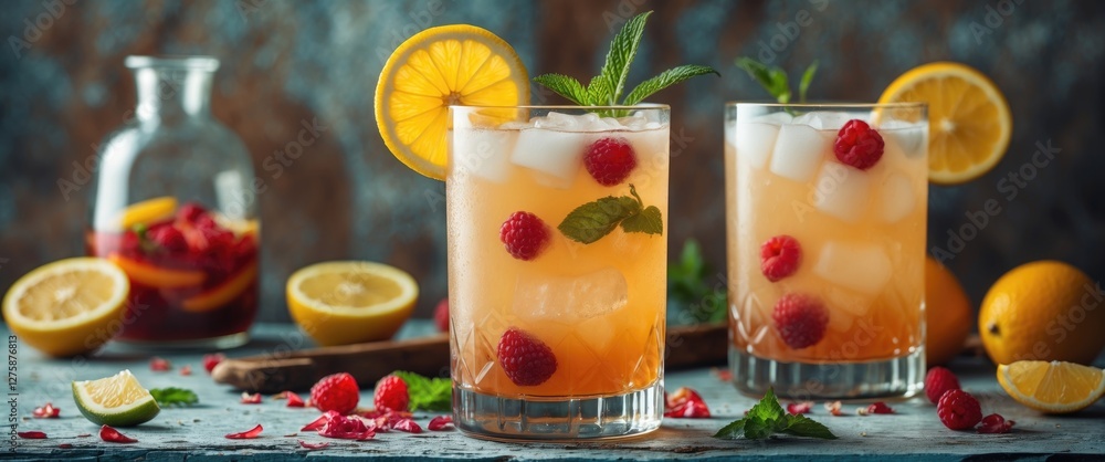 Aufkleber refreshing summer cocktail with citrus and berries on rustic table with empty space for text in vibr