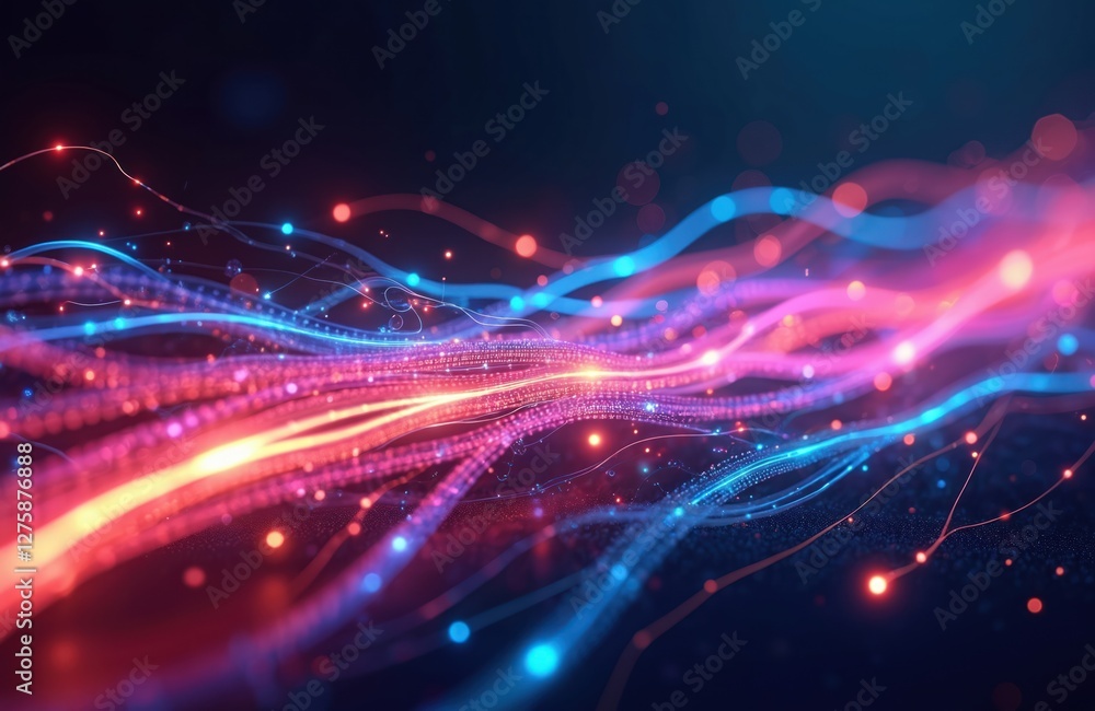 Poster Fiber optic cables create colorful neon waves. Electrical wires glow with colored streams of data connection. Abstract 3d tech design background. Data transfer tech.