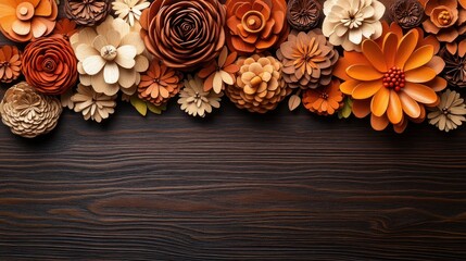 Autumn paper flowers wood background border
