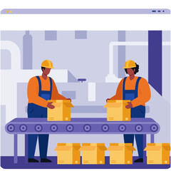 Workers Packing Boxes on Conveyor Belt in Factory Illustration
