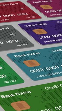top view of a grid of colorful credit cards (3d render)