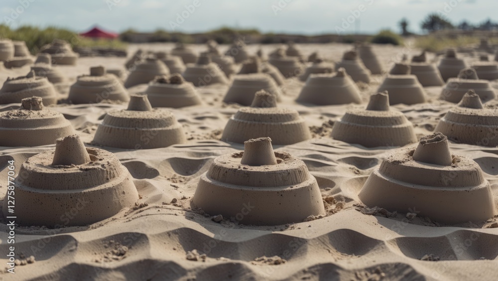 Poster row of round sandcastles on beach with soft sand background and space for text or creative content