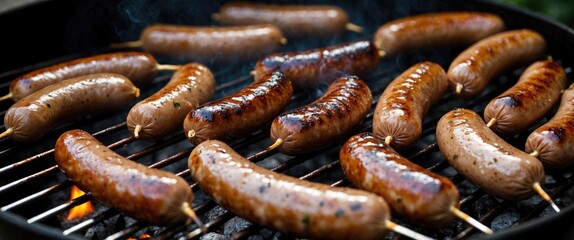 Fototapeta premium Sizzling Sausages Cooking on a Grill with Smoke and Charred Marks During an Outdoor Barbecue Event