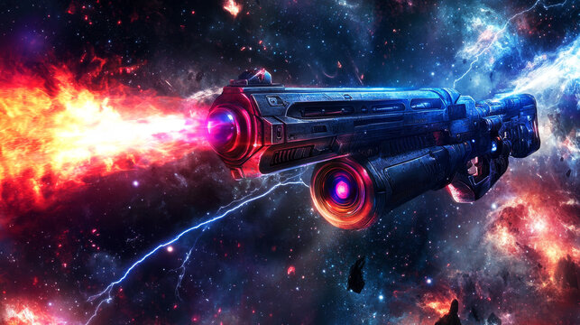 Space blasters and guns with shoot effect with laser, fire and plasma beams. Vector cartoon collection of futuristic alien weapons with energy rays, lightning and flash