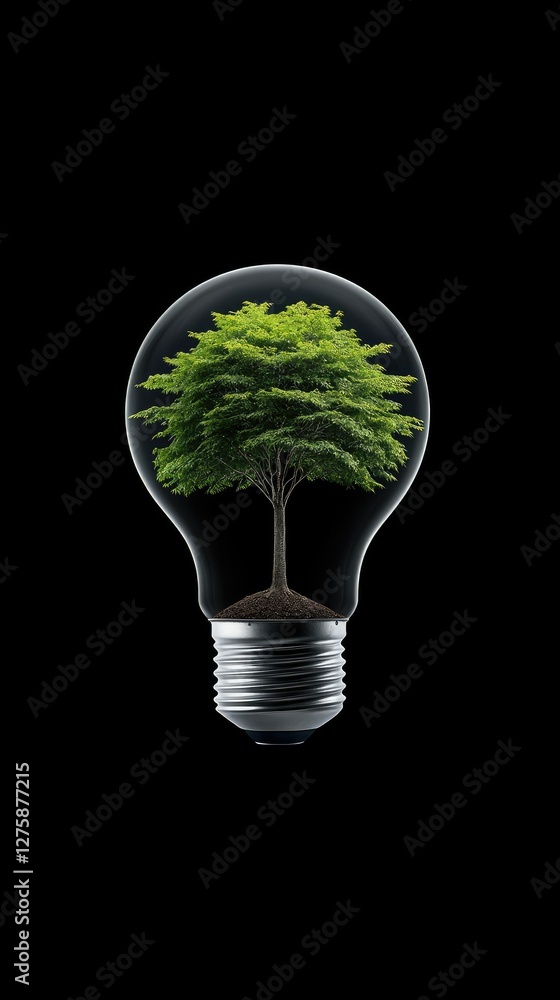 Poster light bulb containing a lush green tree symbolizes the connection between nature and sustainable ene