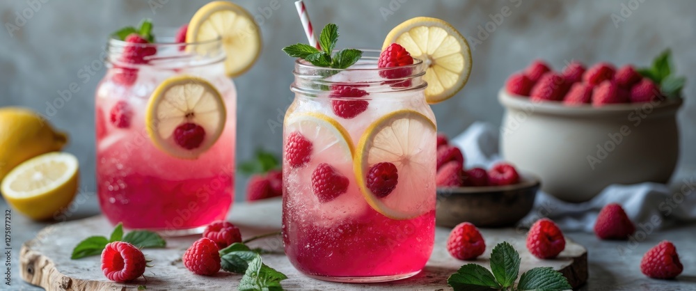 Poster refreshing raspberry lemonade with mint garnish in jars for a summer beverage experience