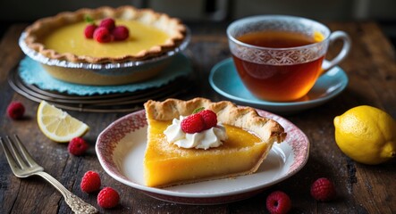 Delicious Lemon Pie Slice Served with Tea and Fresh Raspberries on Vintage Table Setting