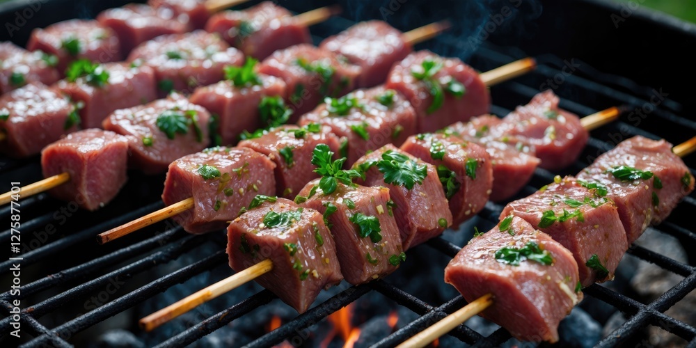 Poster marinated meat skewers grilling over charcoal on a barbecue with fresh herbs and empty space for tex