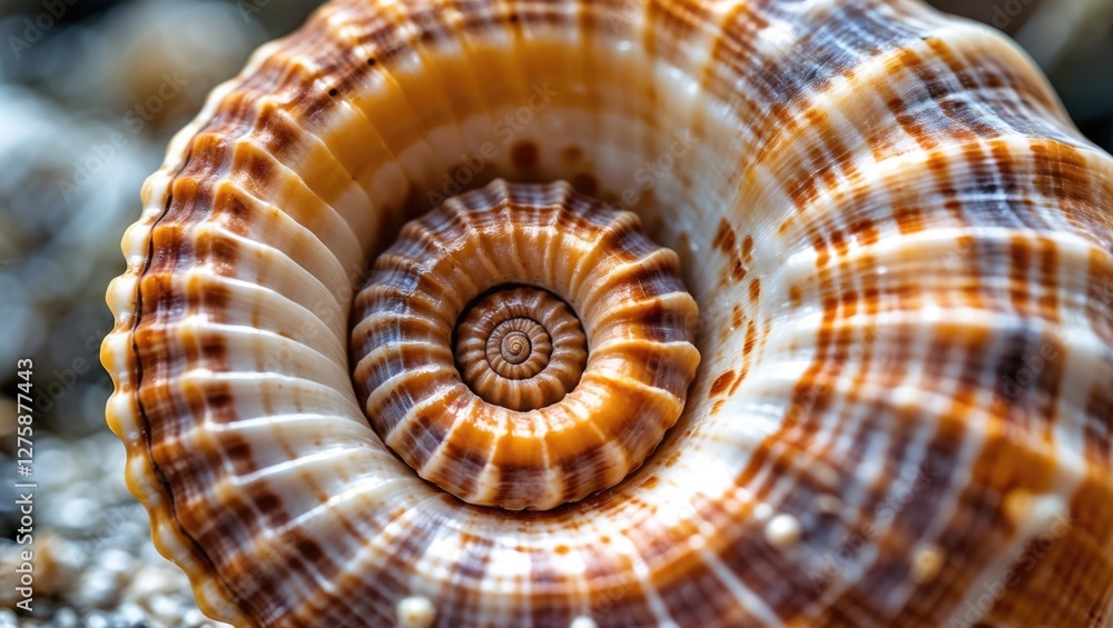 Poster close-up view of intricate spiral shell with natural patterns and textures against a blurred backgro
