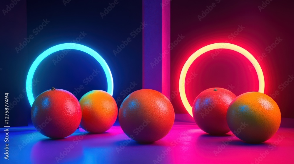 Poster vibrant arrangement of oranges under neon lights with colorful circular reflections in the backgroun