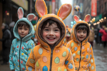A lively Easter parade with children in character costumes, chaos ensues as characters magically come to life.
