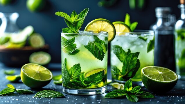 Refreshing Mojito Cocktail With Lime Wedges And Fresh Mint Leaves On Dark Background Ideal For Beverage Promotions And Summer Themes
