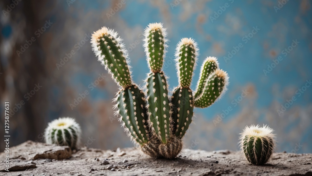 Poster echinopsis cactus cluster on textured surface with blue background and empty space for text enhancem