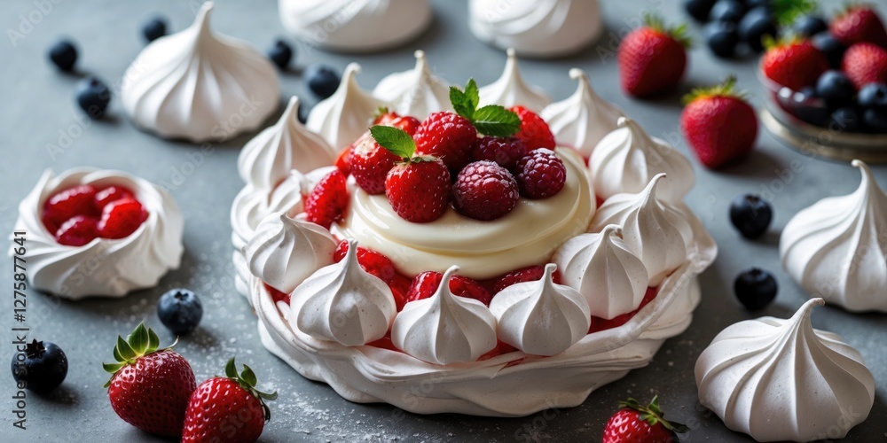 Poster meringue dessert nested with whipped cream and fresh berries surrounded by empty space for text or b