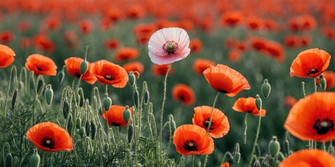 Obraz premium Vibrant Red Poppy Field Featuring Unique Pink Flower Surrounded By Greenery With Space For Customizable Text Overlay