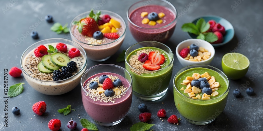 Poster colorful smoothie bowls with fresh fruits and nuts on dark background with empty space for text or b