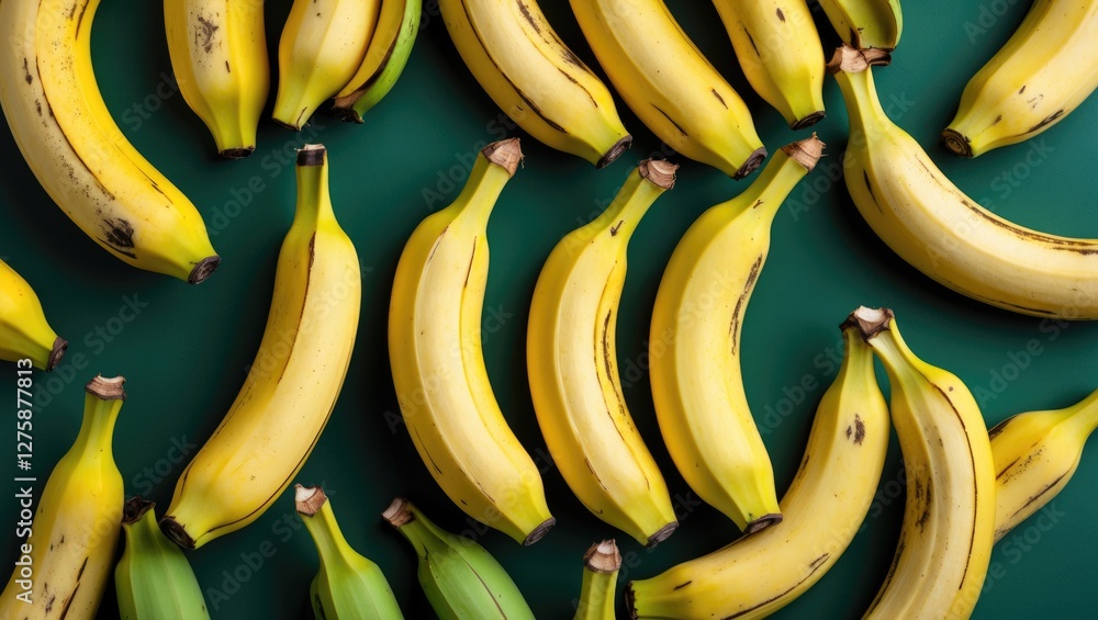 Poster fresh and ripe bananas on green background with space for text and creative design elements