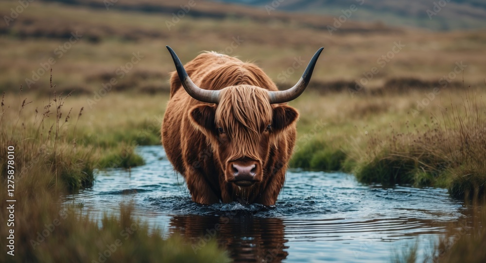 Poster highland cattle emerging from a water pool in a scenic meadow with empty space for text display