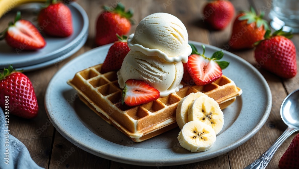 Poster delicious vanilla ice cream served on waffle with fresh strawberries and banana slices on a rustic t