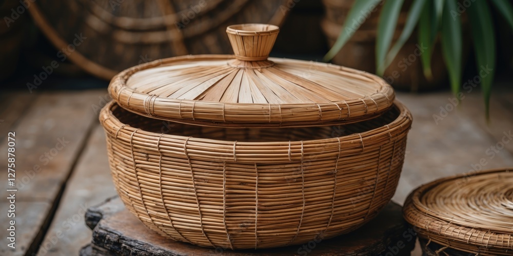 Aufkleber woven bamboo basket with a lid displayed on rustic wooden surface showcasing natural textures and em