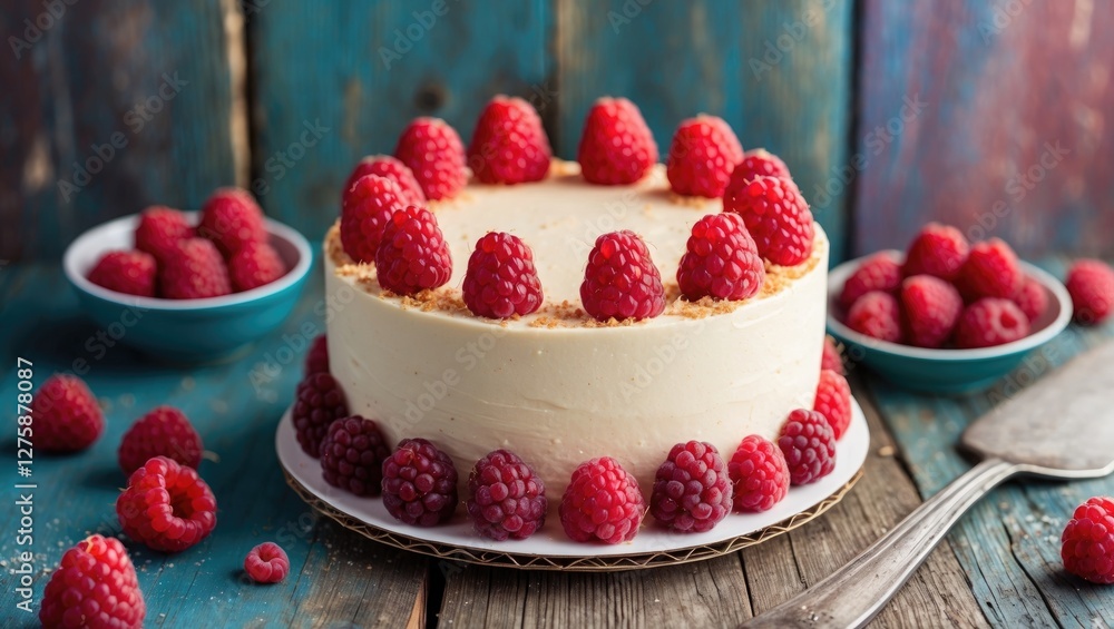 Aufkleber delicious raspberry topped cake surrounded by fresh raspberries on rustic wooden background with spa