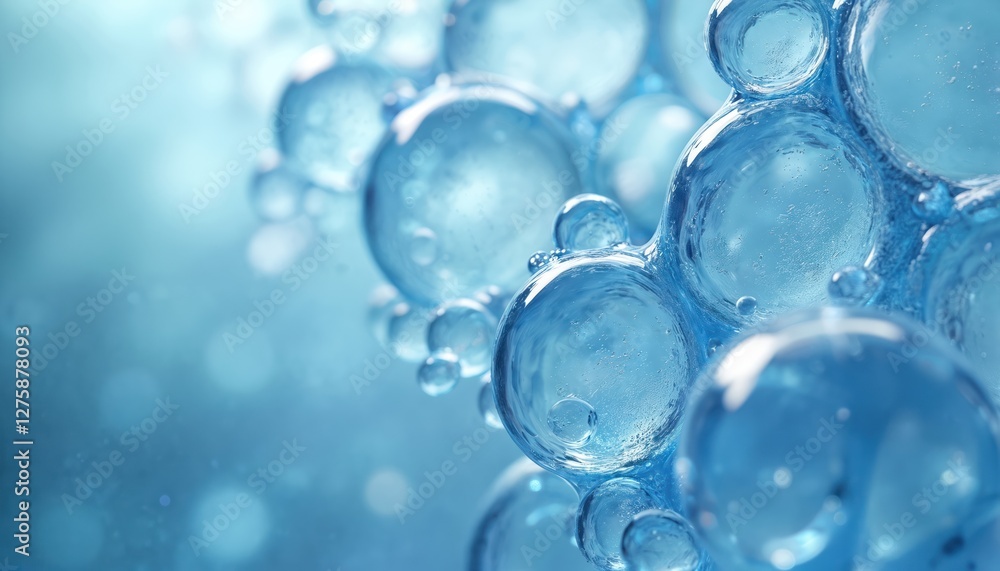 Poster abstract macro photo of cell, molecule. soap bubble group as cell structure, blue science, chemistry