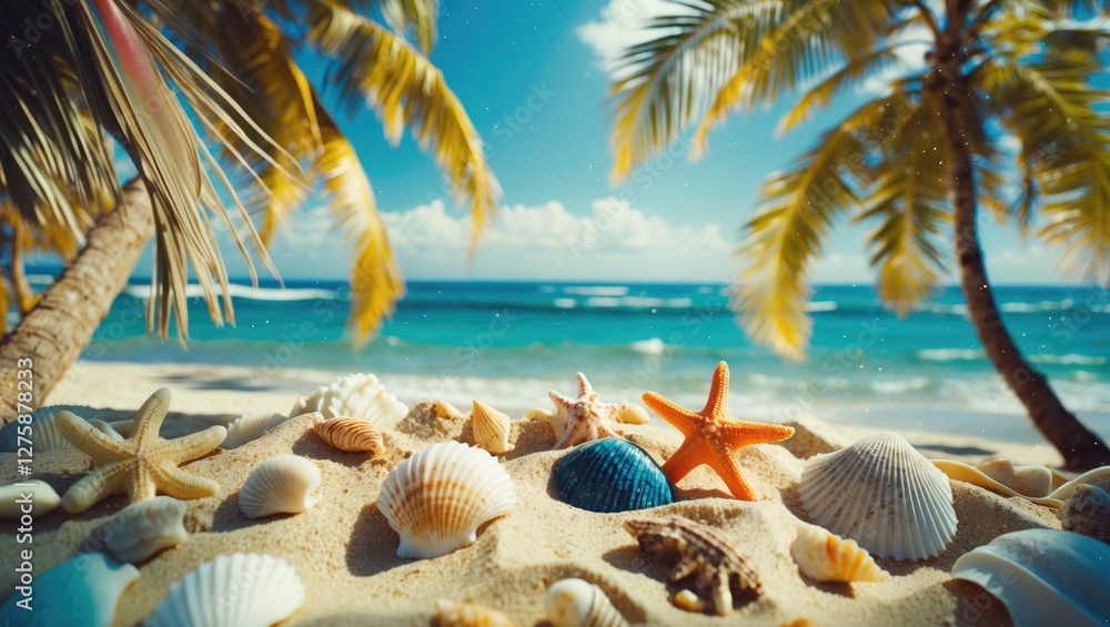 Poster tropical beach scene with sand shells and starfish under palm trees offering empty space for text id