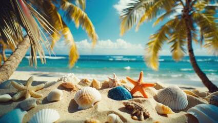 Tropical beach scene with sand shells and starfish under palm trees offering empty space for text ideal for summer holiday promotions.