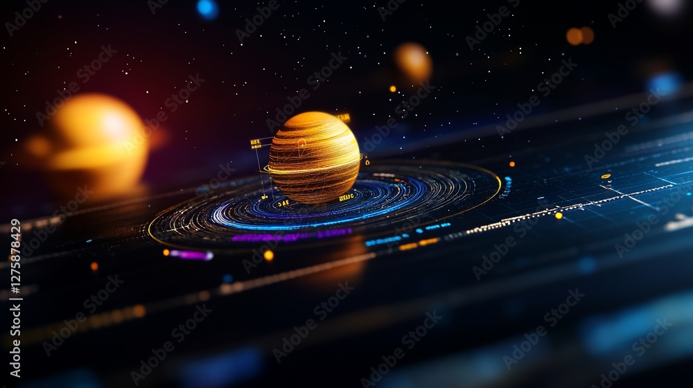 Poster futuristic planetary data visualization with digital interface elements