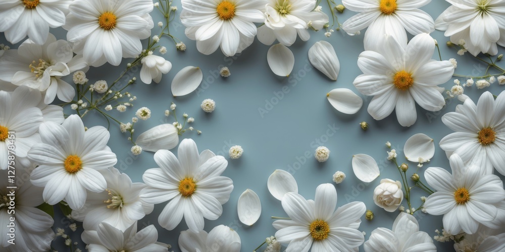 Poster delicate array of white flowers and petals arranged on a soft blue background with ample space for t