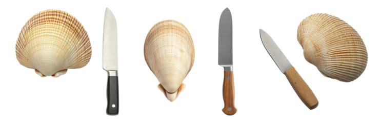 Shells and Knives for Seafood Preparation and Cooking Isolated on transparent background