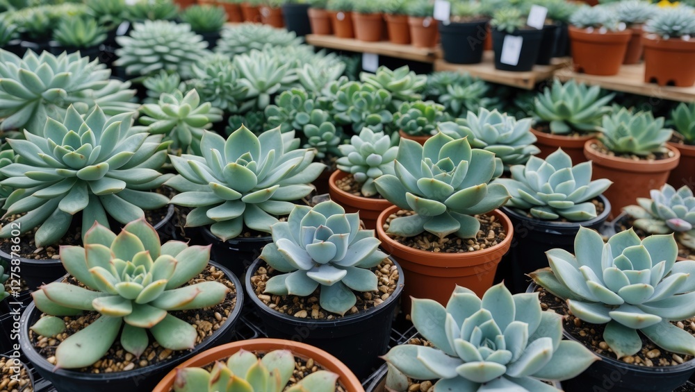 Poster diverse collection of succulent plants in pots displayed in a nursery with blank space for text or m