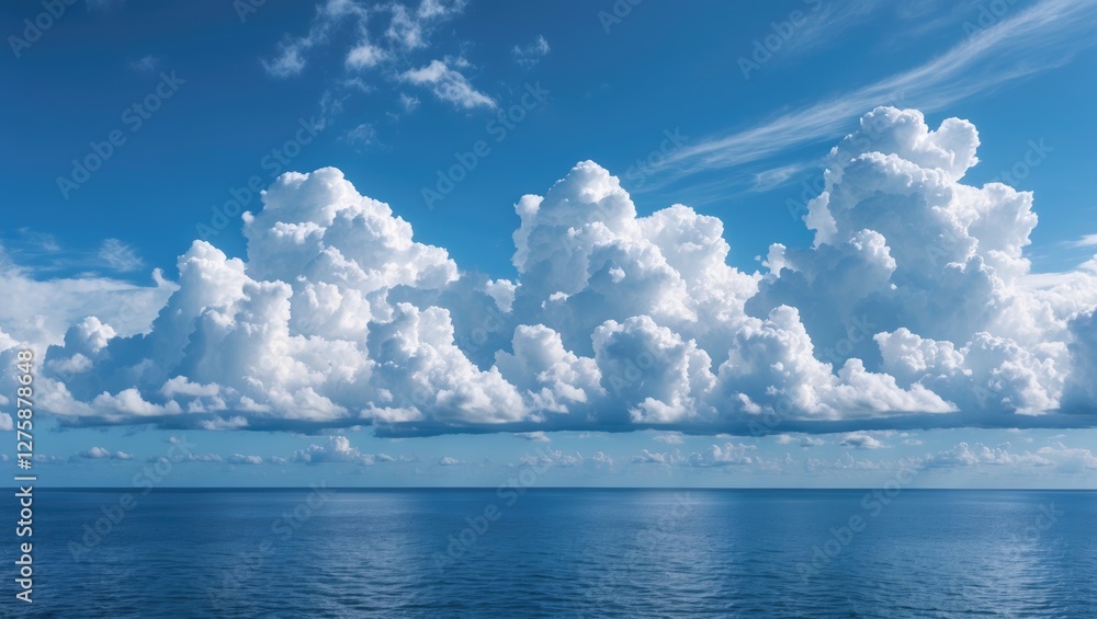 Poster serene blue ocean under soft white clouds with clear sky and spacious copy area for text or design e