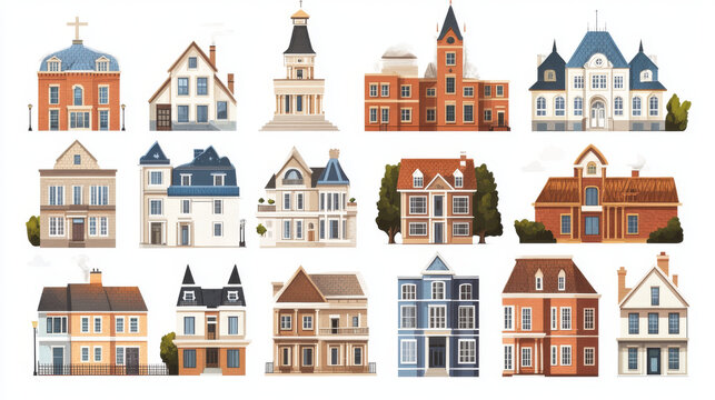 Urban retro colonial style building cartoon vector set illustration. Old residential and government buildings, church, Victorian houses isolated on white background