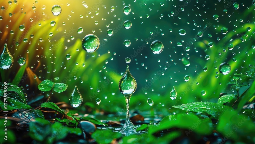 Poster drops of water on lush green background with natural bokeh and blank space for text or overlay desig