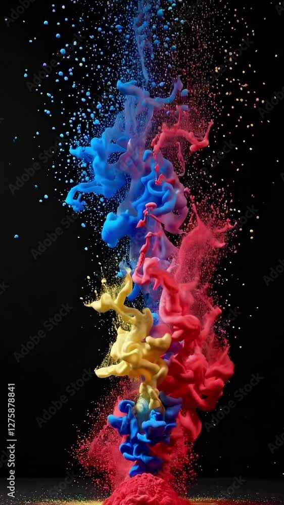Poster dynamic explosion of vibrant colorful powders creating mesmerizing cloud patterns in motion against 