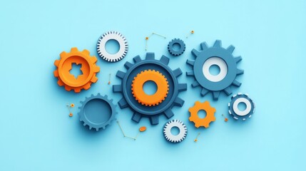 Orange and Blue Interlocking Gears on Light Blue Background