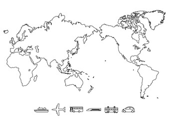 世界地図（日本中心）と交通機関アイコンのイラスト（黒ライン）