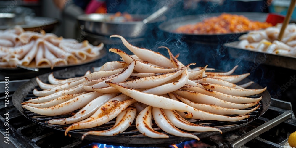 Poster grilled squid on the stove with smoke in market setting empty space for text