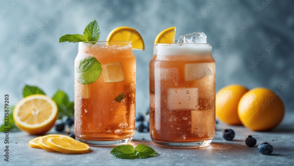 Poster refreshing beverages with citrus fruits and mint leaves on table with empty space for text