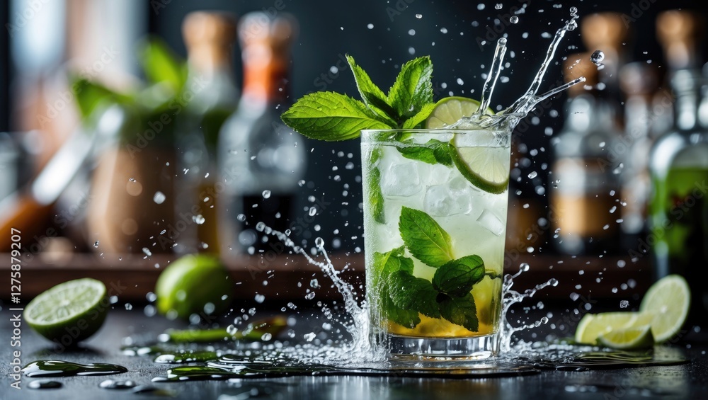 Poster refreshing mojito cocktail splashing with mint and lime on dark bar background