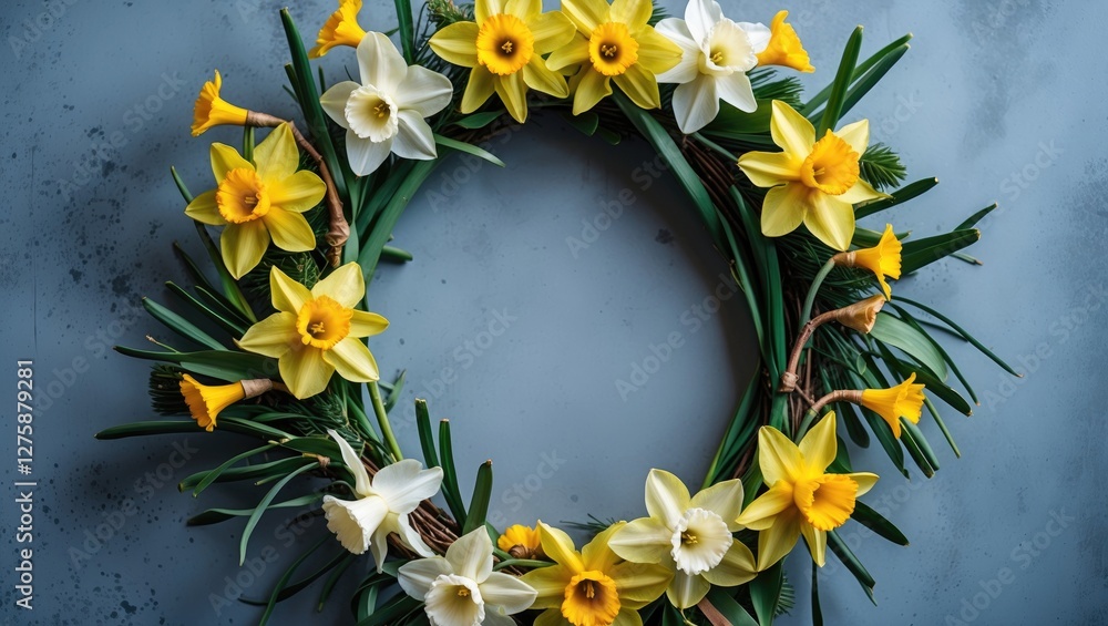 Poster spring wreath adorned with bright daffodils over textured background featuring empty space for custo