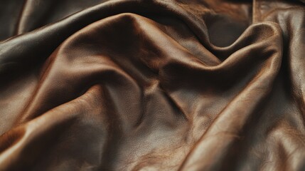Close-up of rich, textured brown leather fabric, showcasing its folds and natural beauty, creating an elegant and luxurious feel.