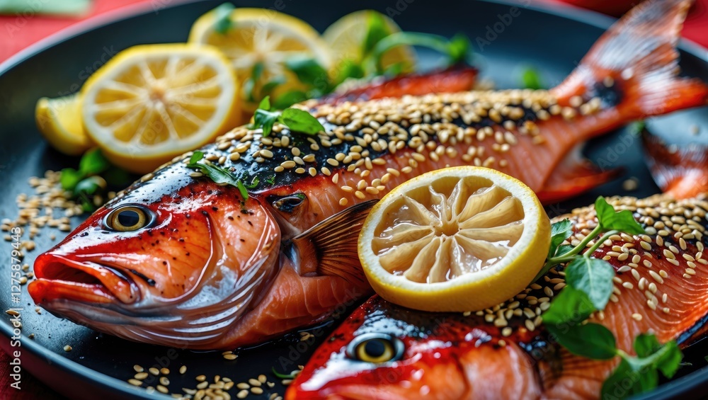 Aufkleber grilled red fish garnished with sesame seeds and lemon slices on a plate with green herbs and empty 